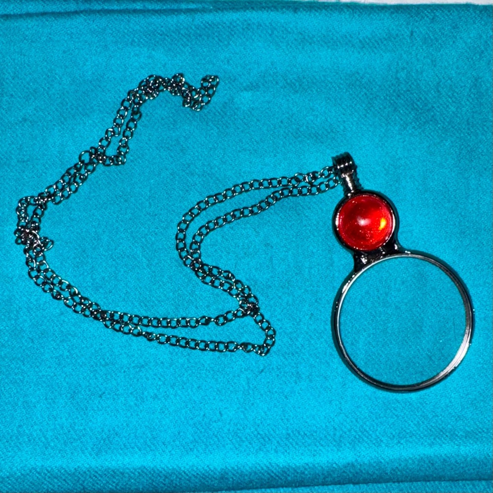Magnifier glass necklace, pendant-style, red glass jewel, great gift for elderly